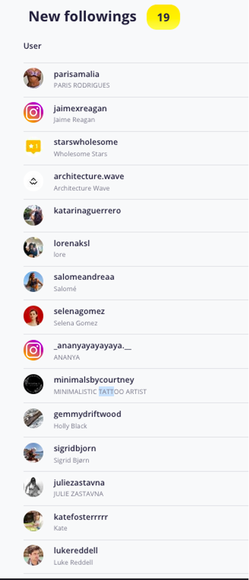 pic 2. New follows made by user as illustrated by Snoopreport.