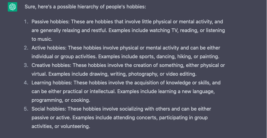 pic 1. LLM output for the ‘common list of interests’ request.