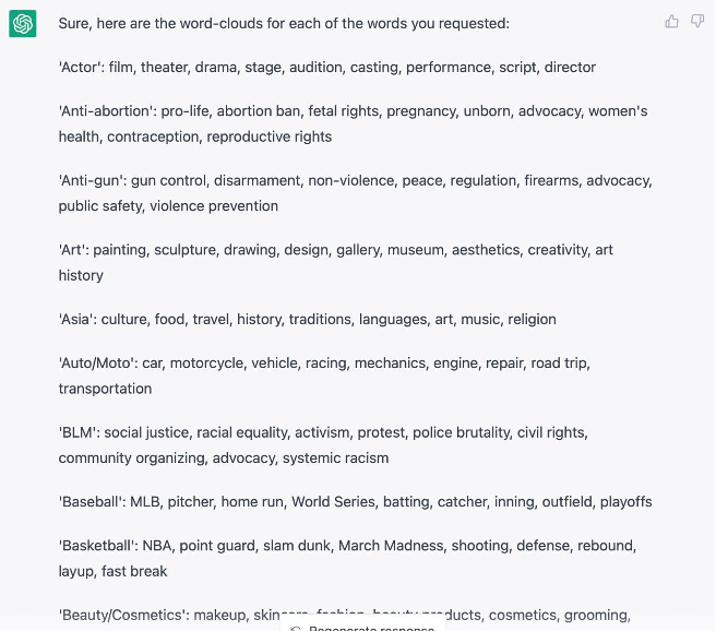 pic 4. LLM output for the ‘keywords that indicate interests’ request.