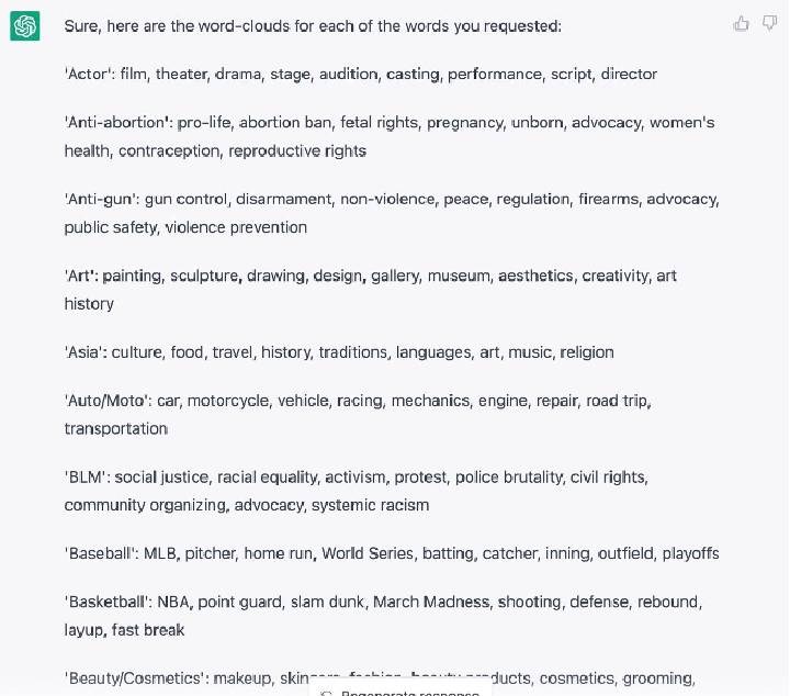 pic 4. LLM output for the ‘keywords that indicate interests’ request.
